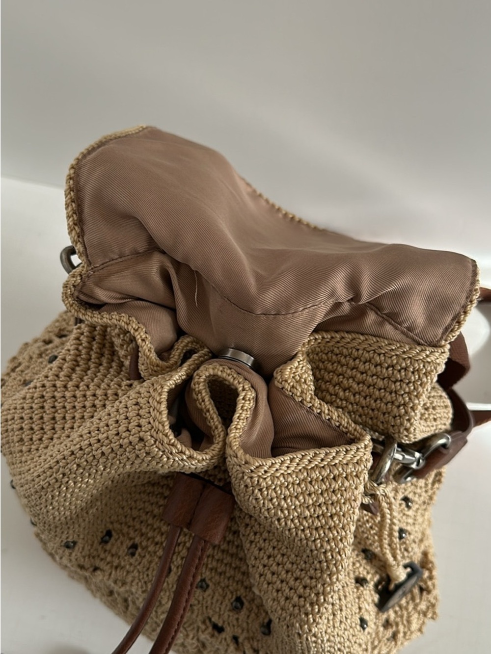 Handcrafted Sak Crochet Backpack - Beige with Brown Trim - Picture 7 of 9